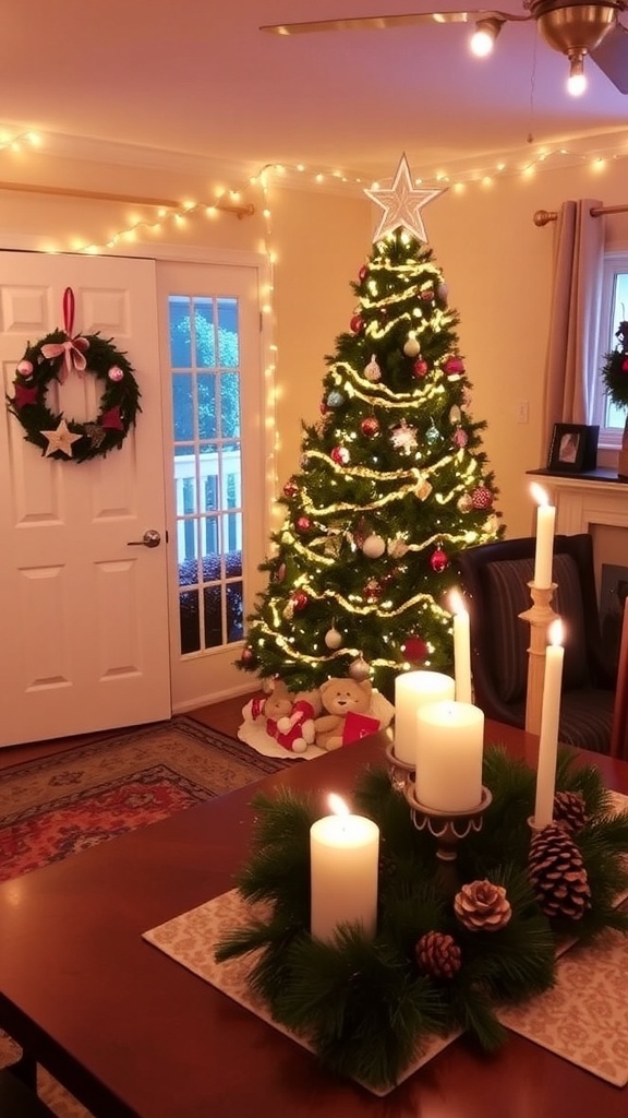 A festive living room with DIY Christmas decorations including a wreath, ornaments on a tree, and a centerpiece.